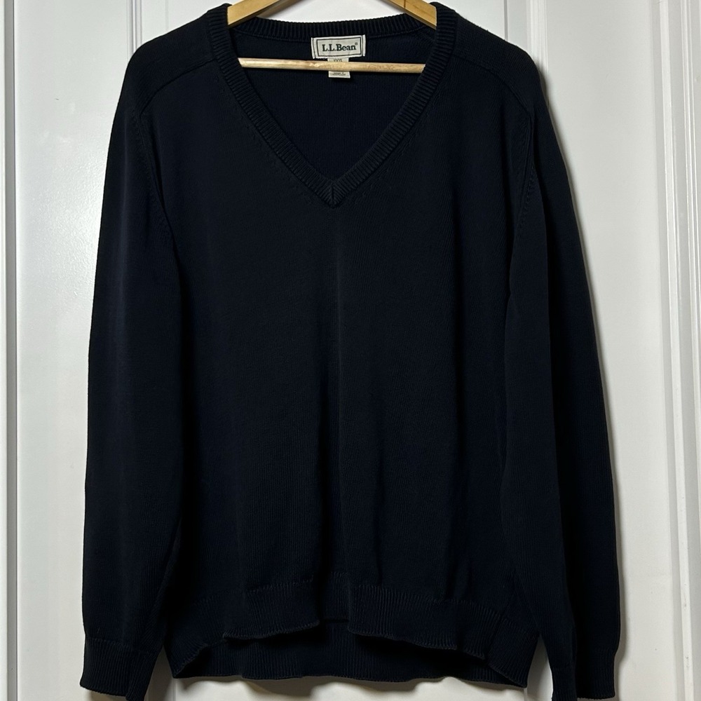 L.L.Bean‎ Vintage Black V-Neck Cotton Sweater Minimalist Timeless Classic Style